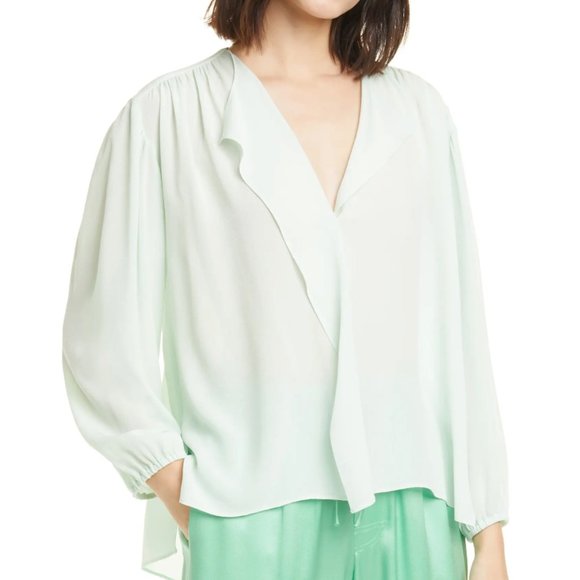Vince Tops - Vince Shirred Long Sleeve Silk Blouse in Sea Foam Green Size S NWT